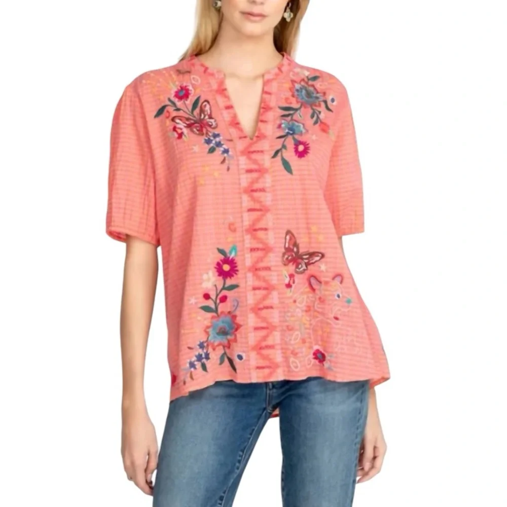 JOHNNY WAS Olinda Puff Sleeve Effortless Embroidered Lightweight Floral Blouse - Picture 1 of 13